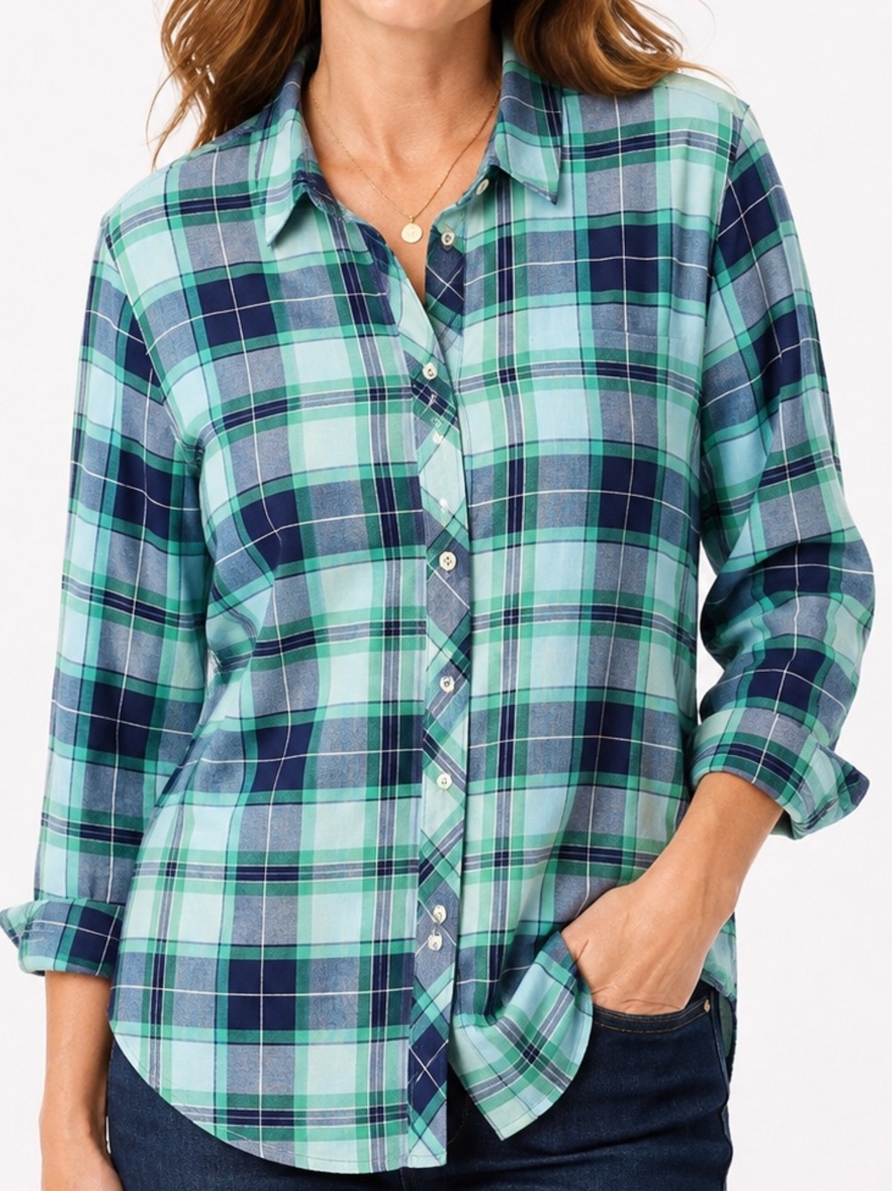 Talbots Plus 2X Blue Green Plaid Button Down Shirt Metallic Thread Cotton Top